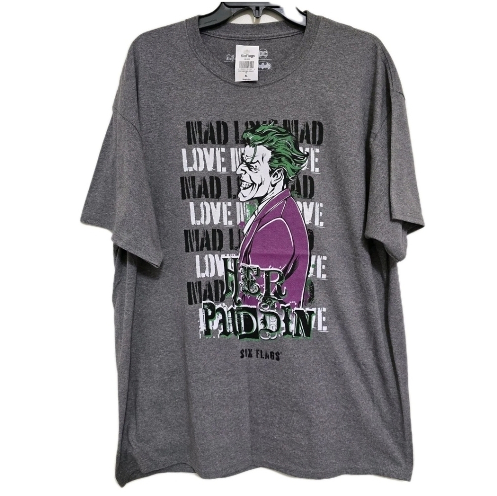 nwt DC COMICS unisex size XL Six Flags Joker Mad Love  Graphic T Shirt‎ Gray